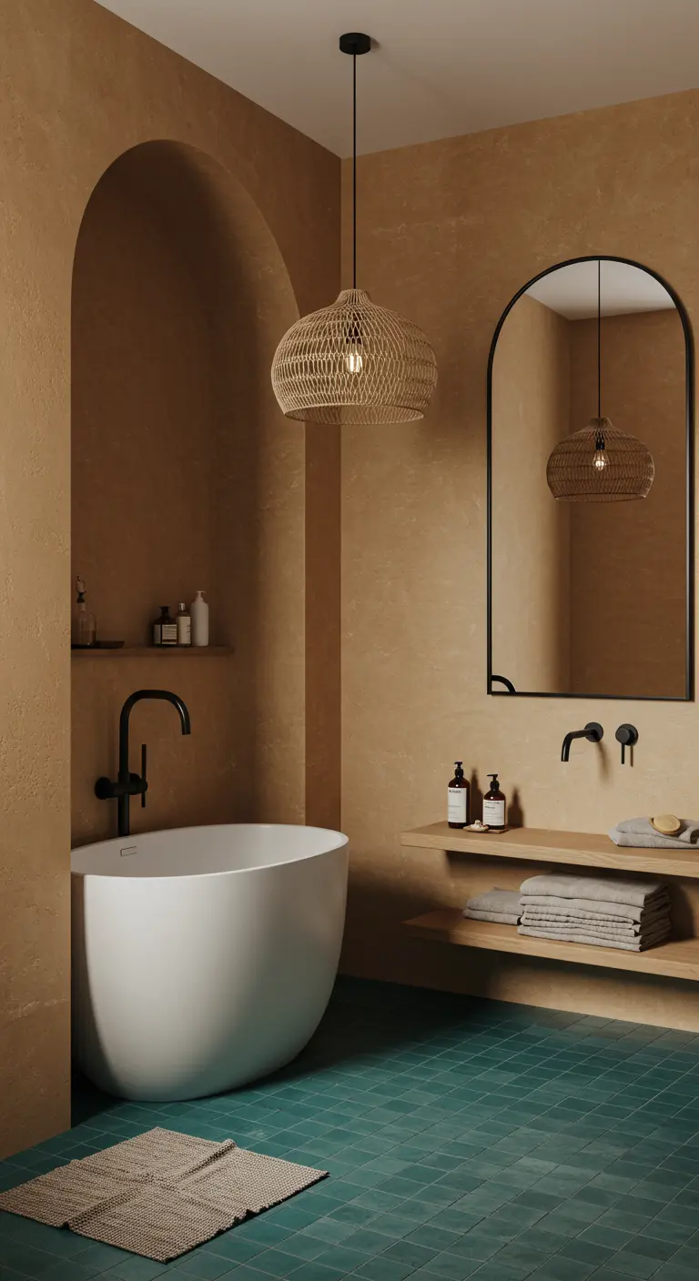 Baño de estilo hammam con paredes color tierra, suelo de azulejos verdes y lámpara de mimbre