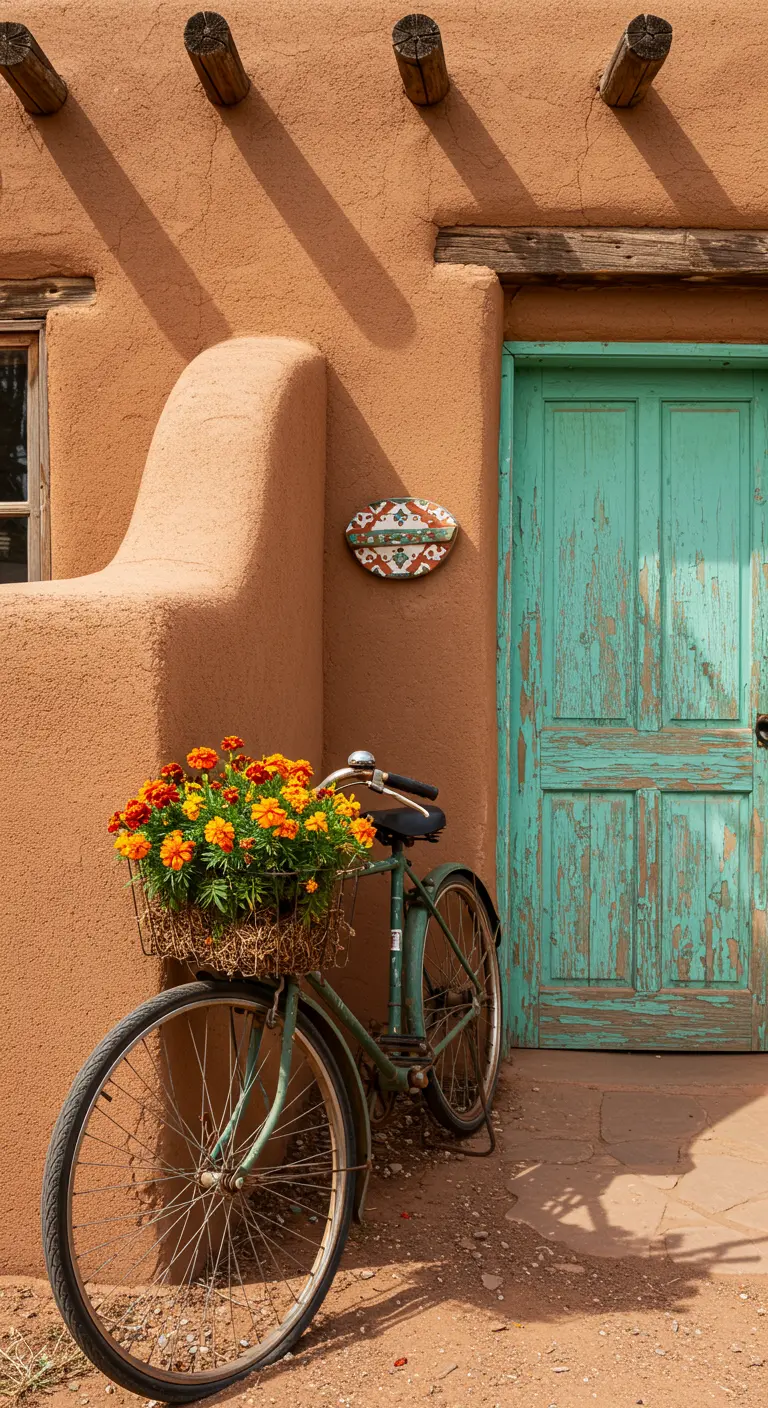 Bicicleta vintage con caléndulas naranjas frente a una pared de adobe y puerta turquesa