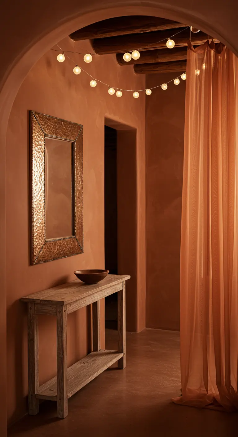 Pasillo en tonos terracota con espejo de metal, consola de madera y guirnalda de luces globo.