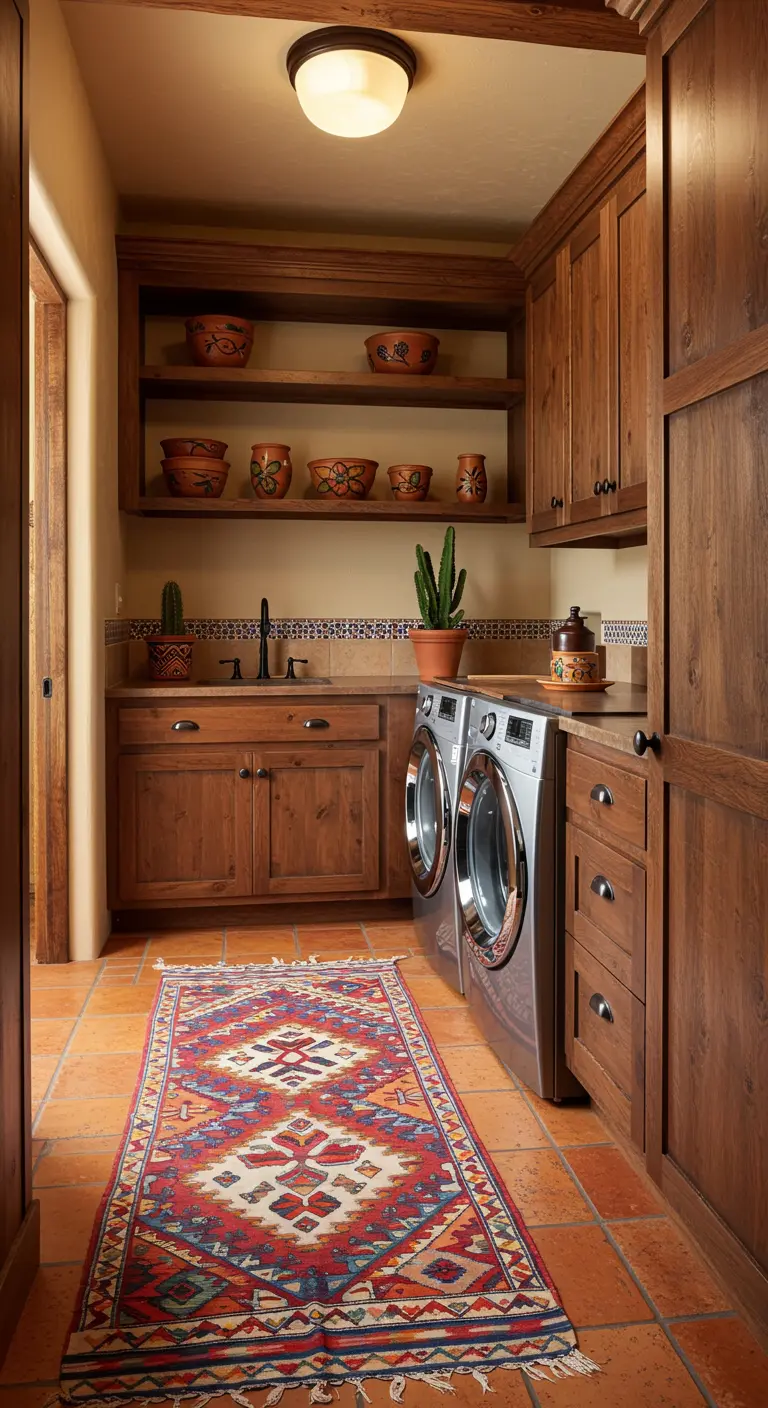 Lavandería de estilo suroeste con muebles de madera, azulejos de terracota y alfombra kilim.