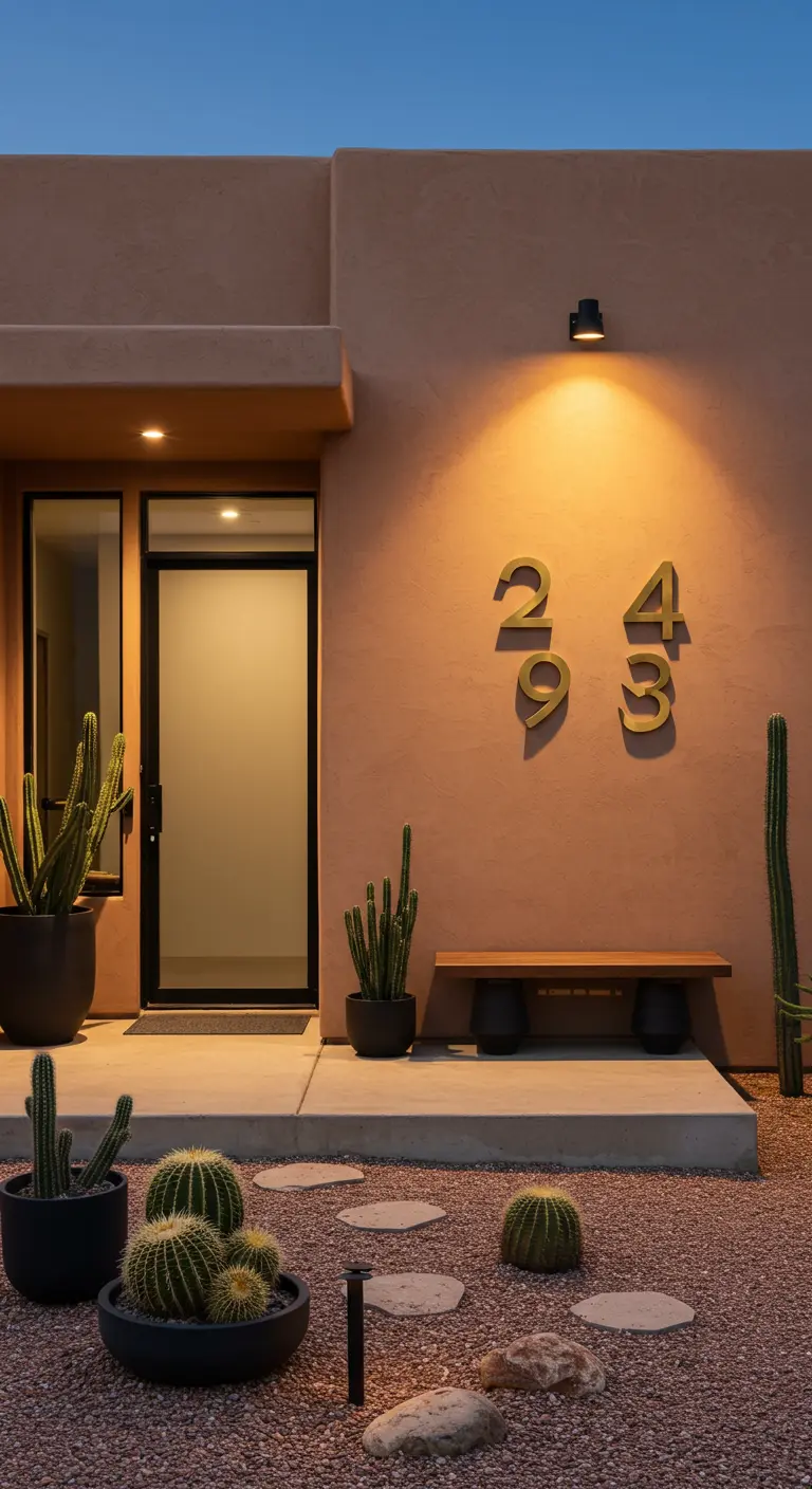 Entrada de estilo desértico moderno con pared de estuco, números dorados y cactus.