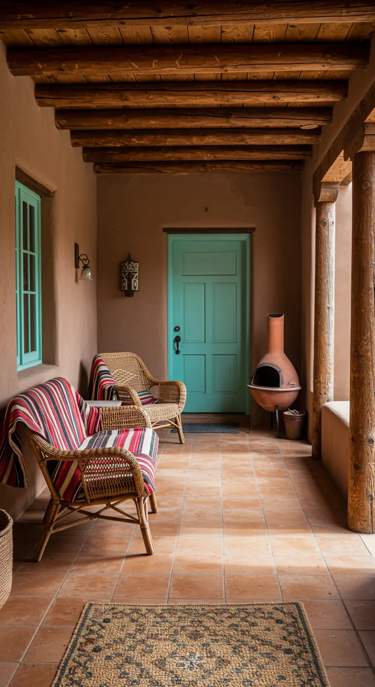 Porche de estilo suroeste con paredes de adobe, sillones de mimbre con textiles navajos y una puerta turquesa.