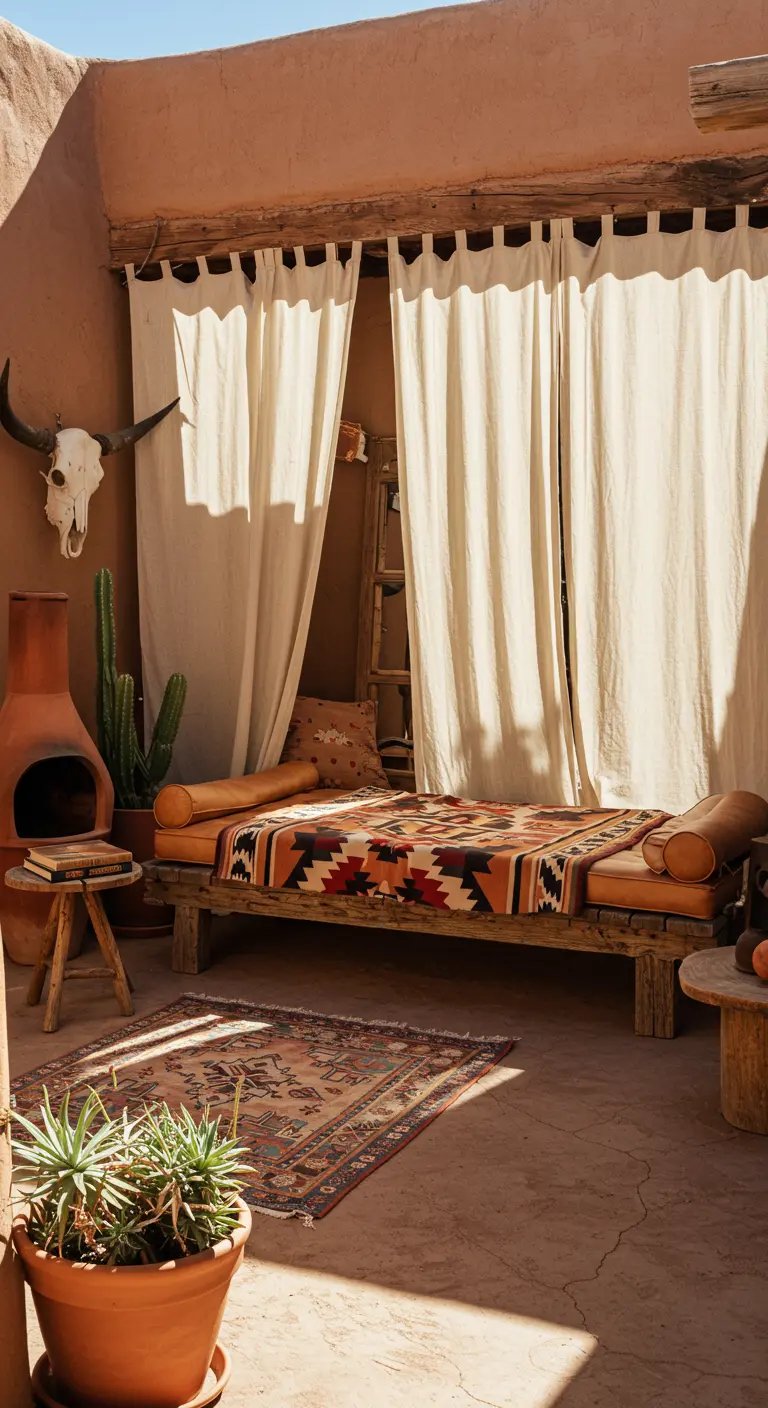 Cama de día de madera en un patio de estilo suroeste con chimenea de barro y un cráneo de vaca.