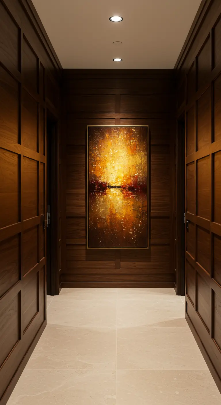 Pasillo revestido de paneles de madera oscura con un cuadro abstracto muy luminoso en tonos dorados.