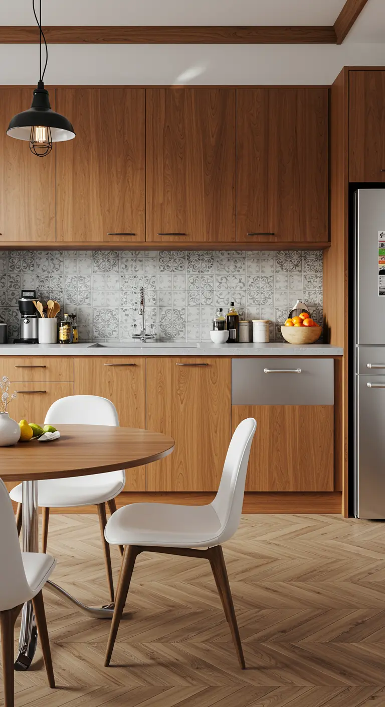 Cocina con gabinetes de madera, salpicadero de azulejos hidráulicos y suelo de parqué.