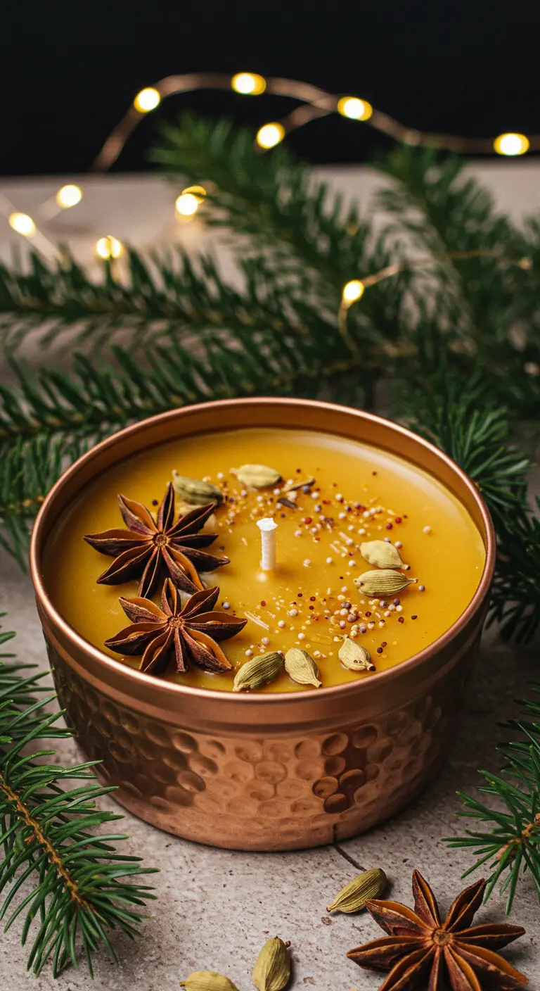 Vela de cera de abeja en un recipiente de cobre martillado, decorada con anís estrellado y cardamomo.