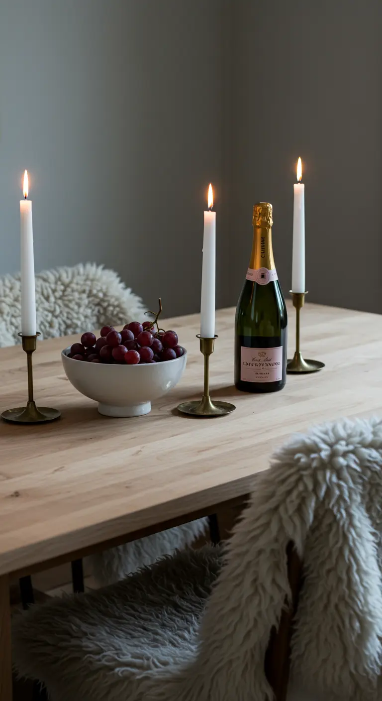 Mesa de madera de estilo escandinavo con velas blancas, uvas rojas y sillas con piel sintética.