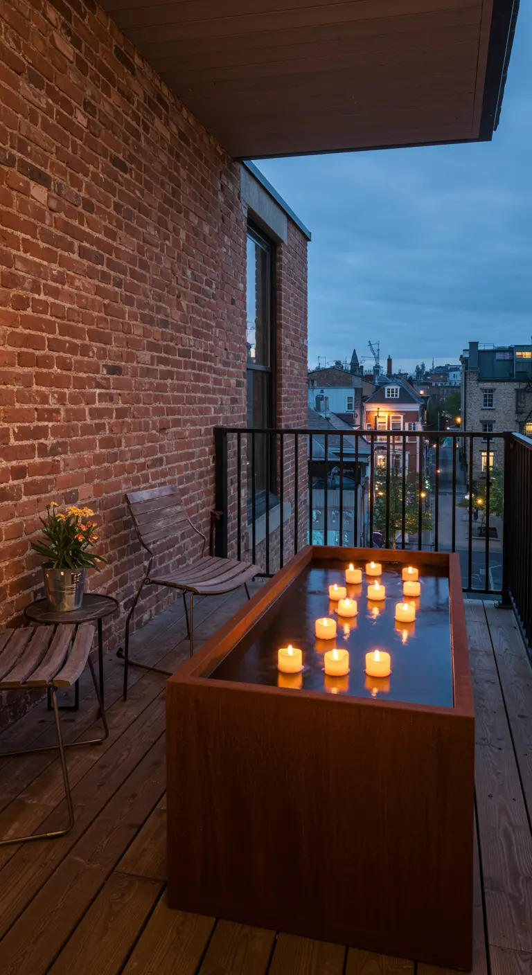 Balcón industrial con pared de ladrillo, suelo de madera y una fuente rectangular de acero corten con velas
