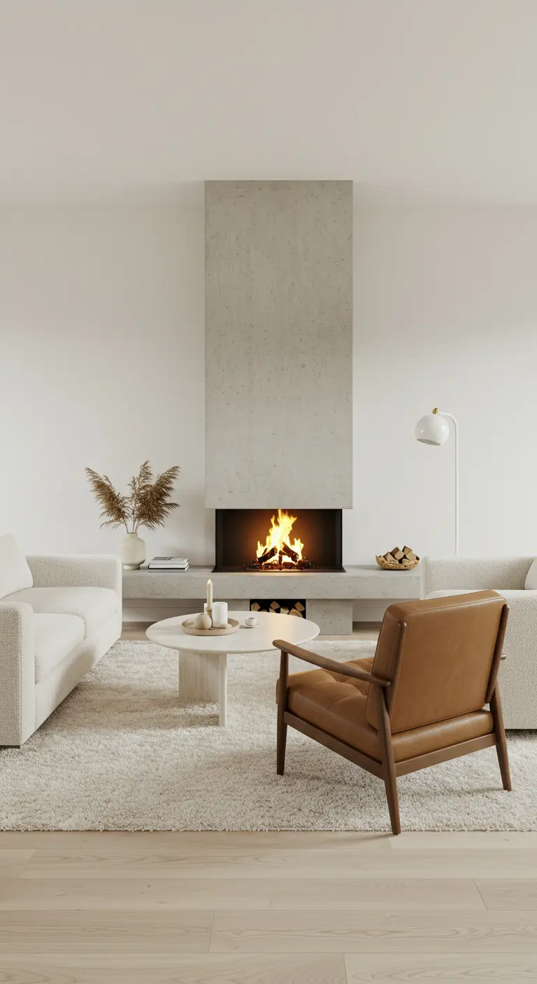 Sala de estar con chimenea moderna, sofás blancos y una butaca de cuero coñac