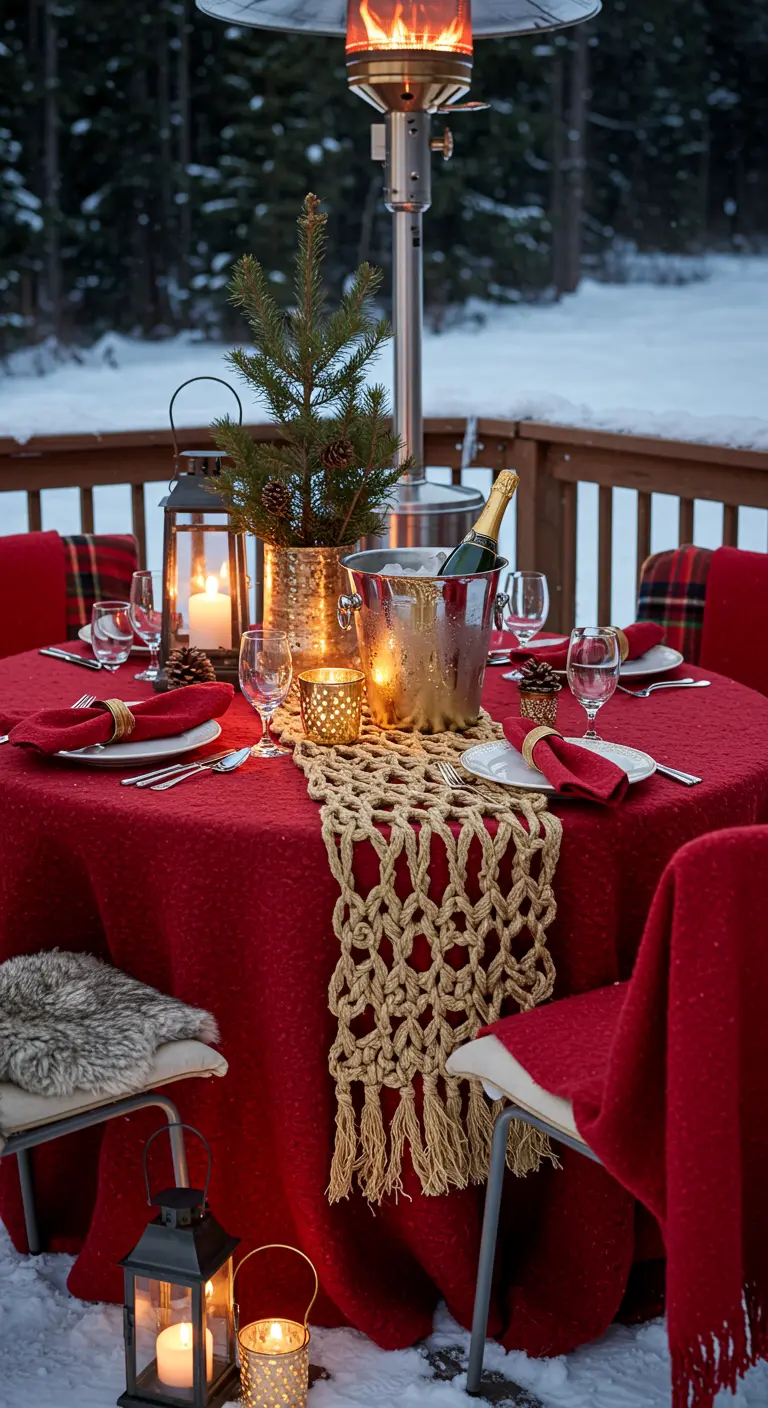 Mesa exterior en la nieve con mantel rojo, camino de punto grueso y calentador de patio.