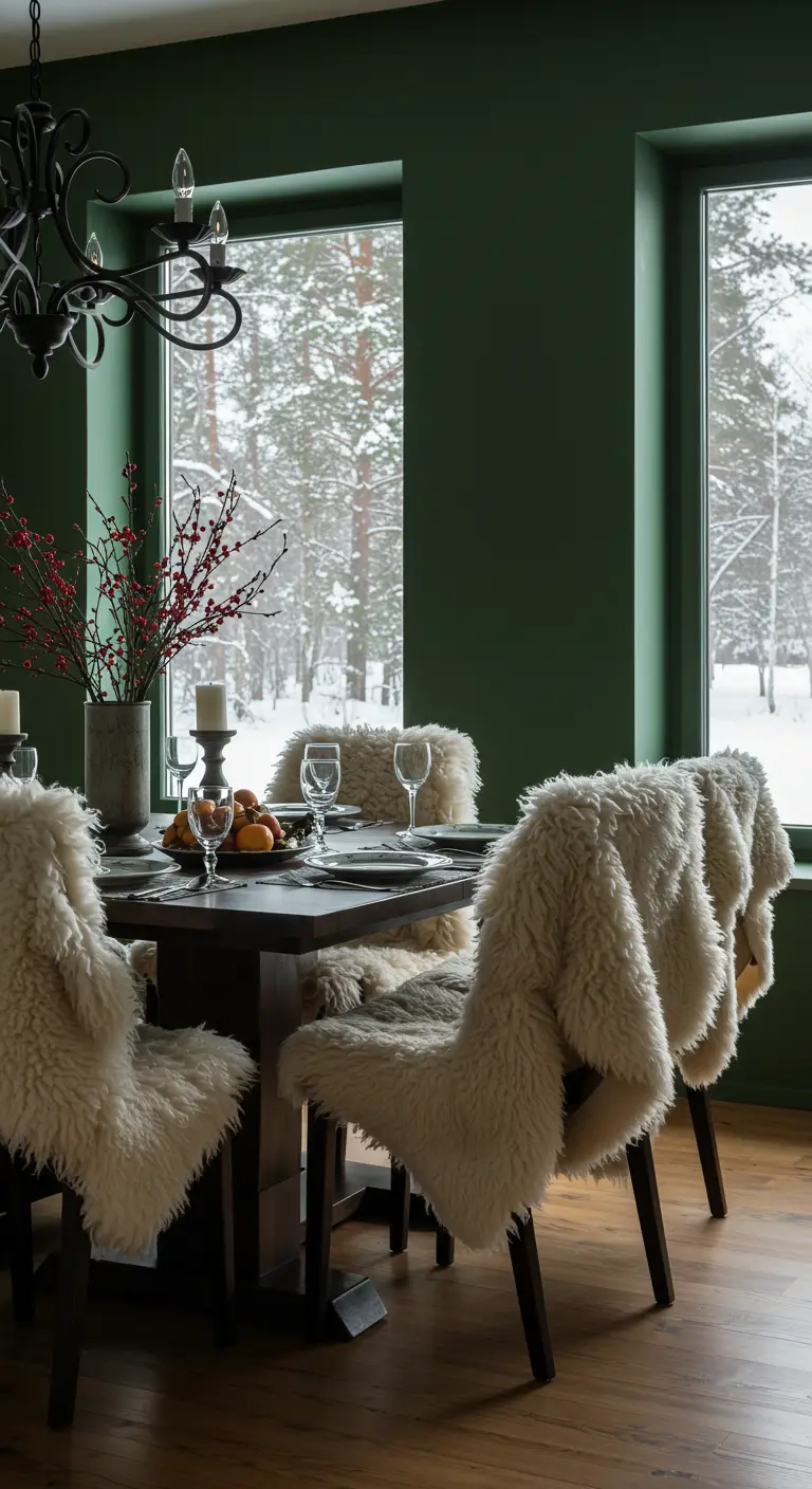 Comedor con paredes verde oscuro y sillas cubiertas con piel de oveja, con vistas a un paisaje nevado.
