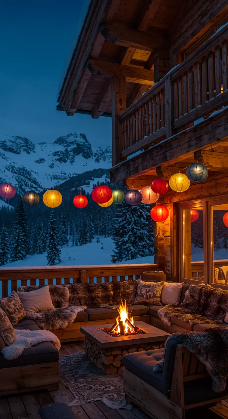 Balcón de cabaña en la nieve con hoguera y lámparas de papel de colores.