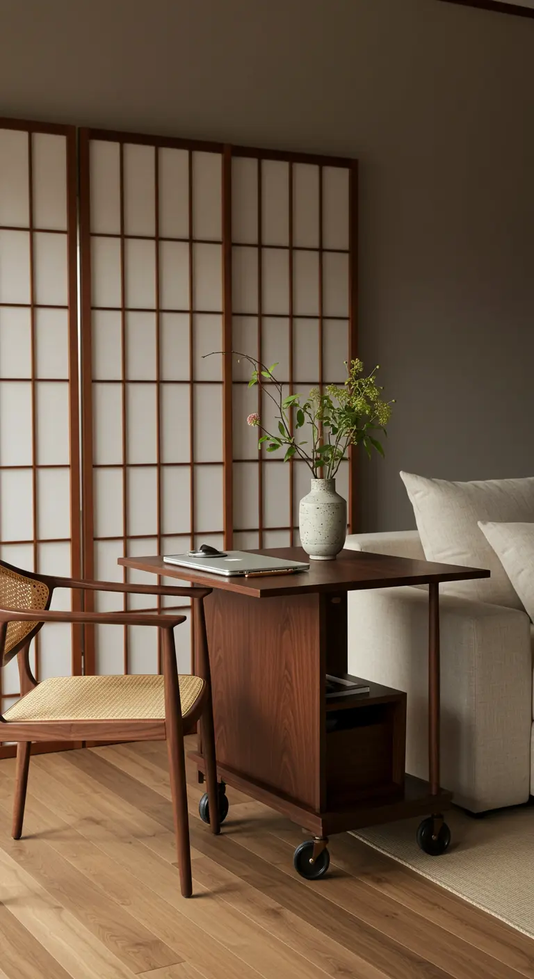 Oficina móvil de madera oscura estilo Japandi con una silla de ratán y un jarrón de cerámica