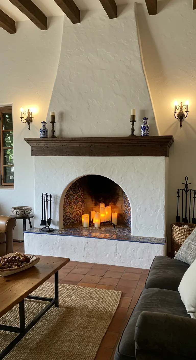 Chimenea de estuco blanco estilo hacienda con azulejos y velas en el interior.