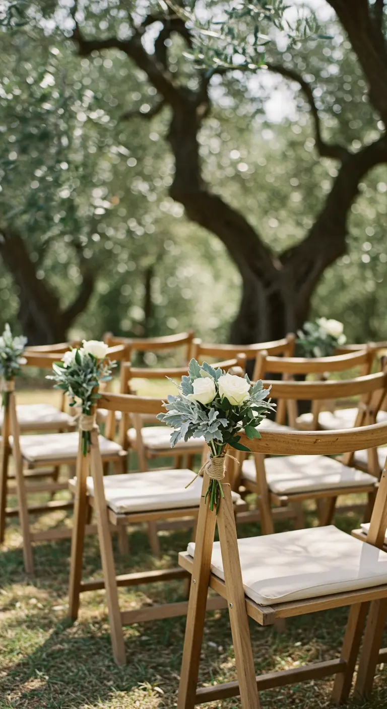 Sillas de madera clara bajo olivos, decoradas con ramos de eucalipto y rosas blancas.