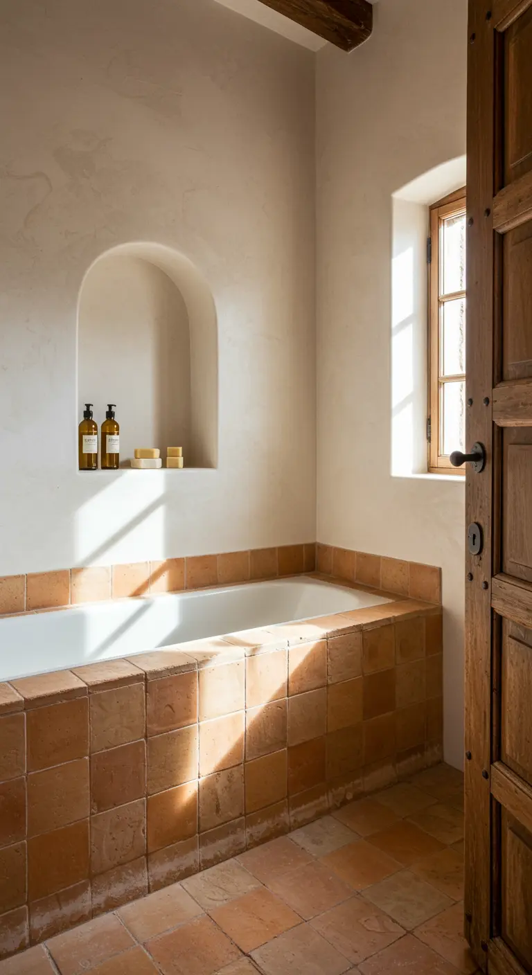 Baño rústico con bañera de obra y suelo de baldosas de barro cocido, con un nicho en arco.