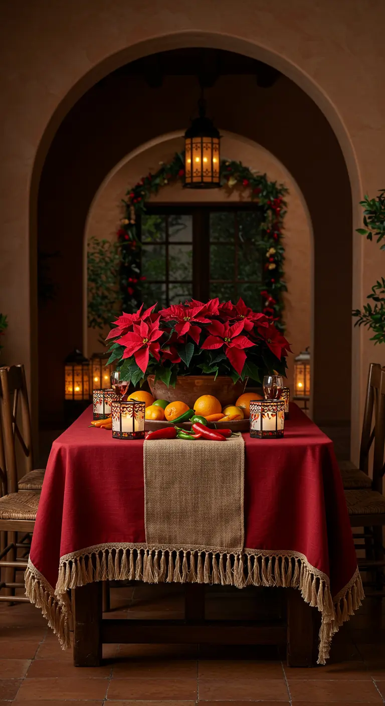 Mesa rústica con mantel rojo con flecos, naranjas frescas y faroles como decoración.