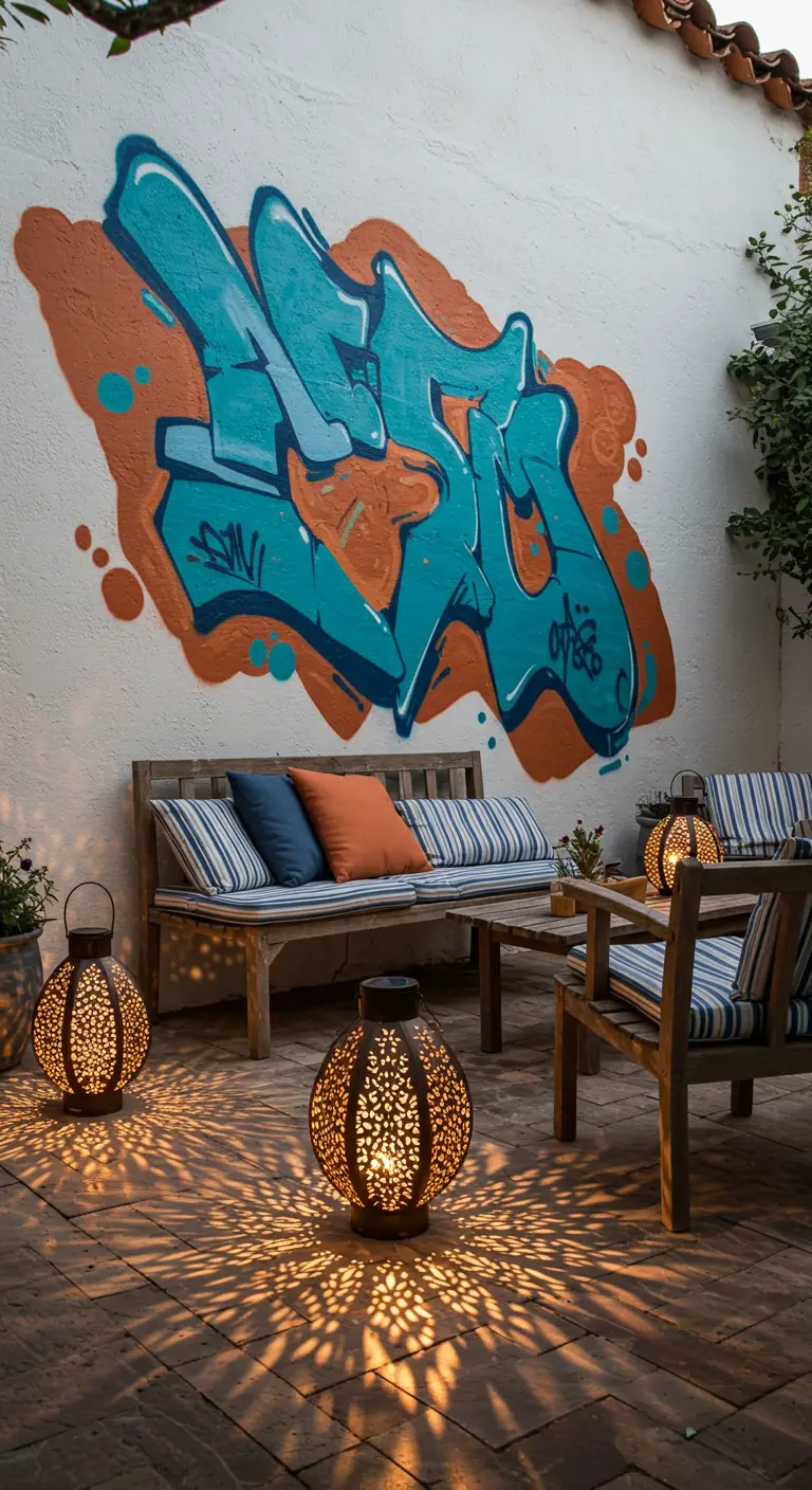 Patio con suelo de terracota, un grafiti turquesa y naranja, y faroles solares que proyectan sombras