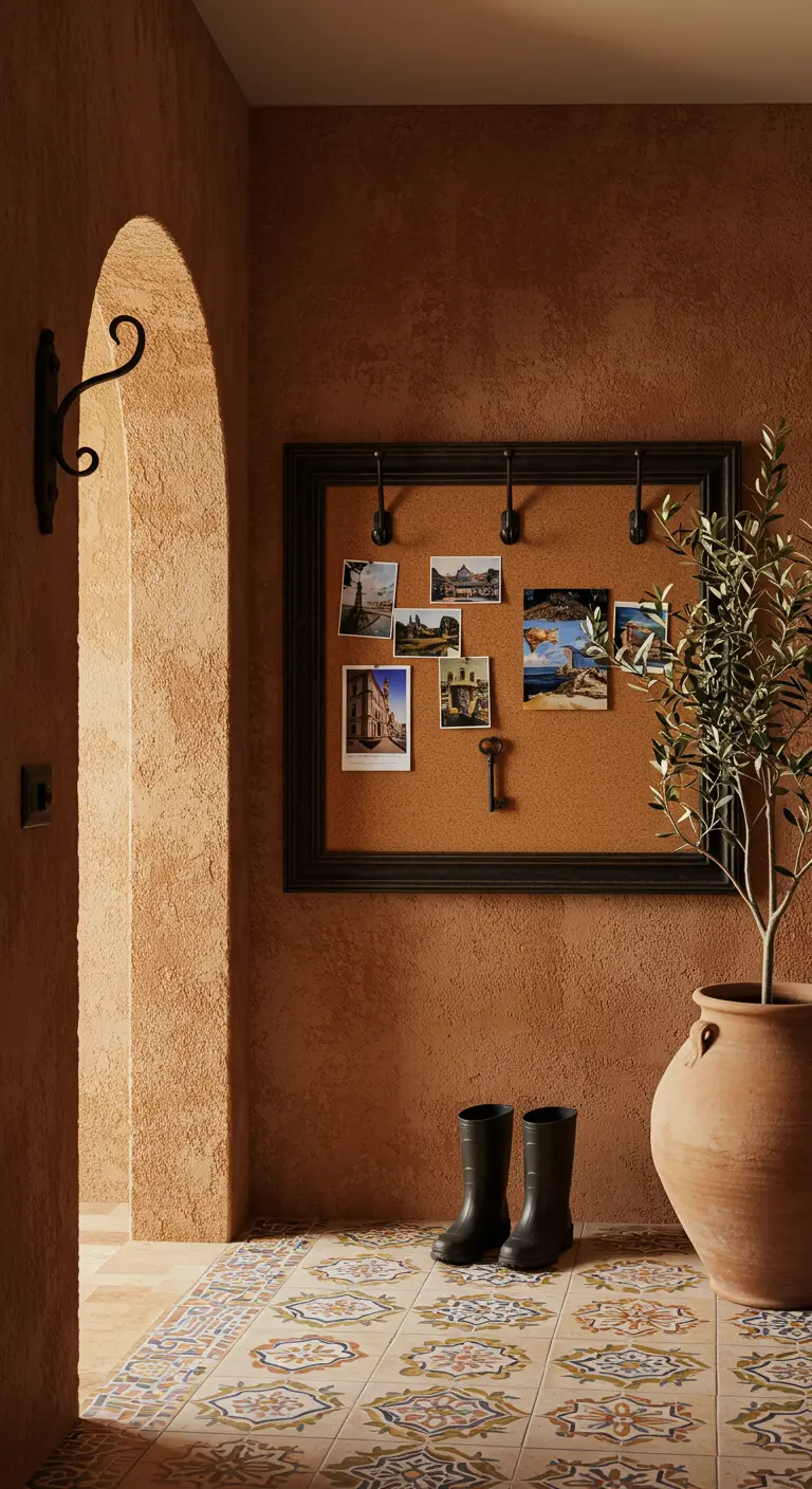 Entrada de estilo mediterráneo con paredes de estuco, tablero de corcho con postales y una tinaja de barro.
