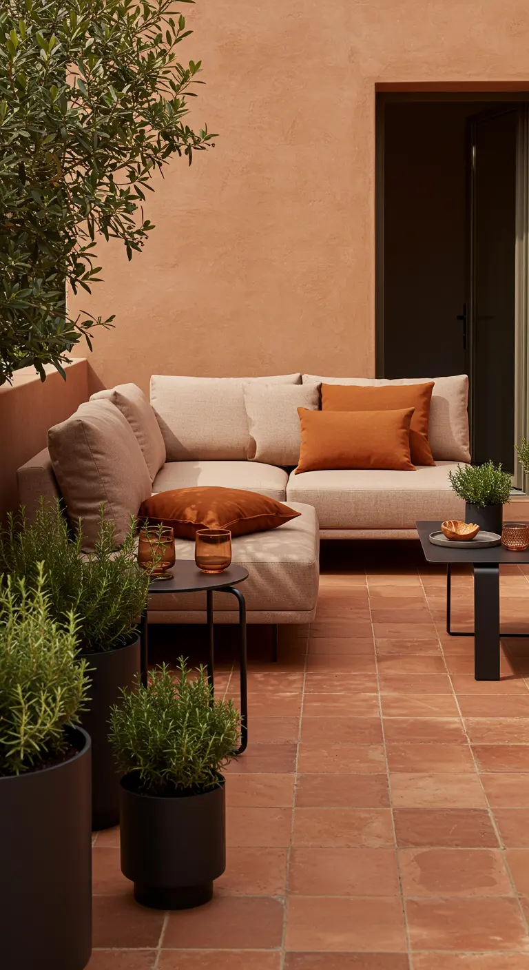 Sofá modular beige con cojines color teja contra una pared terracota y plantas aromáticas.