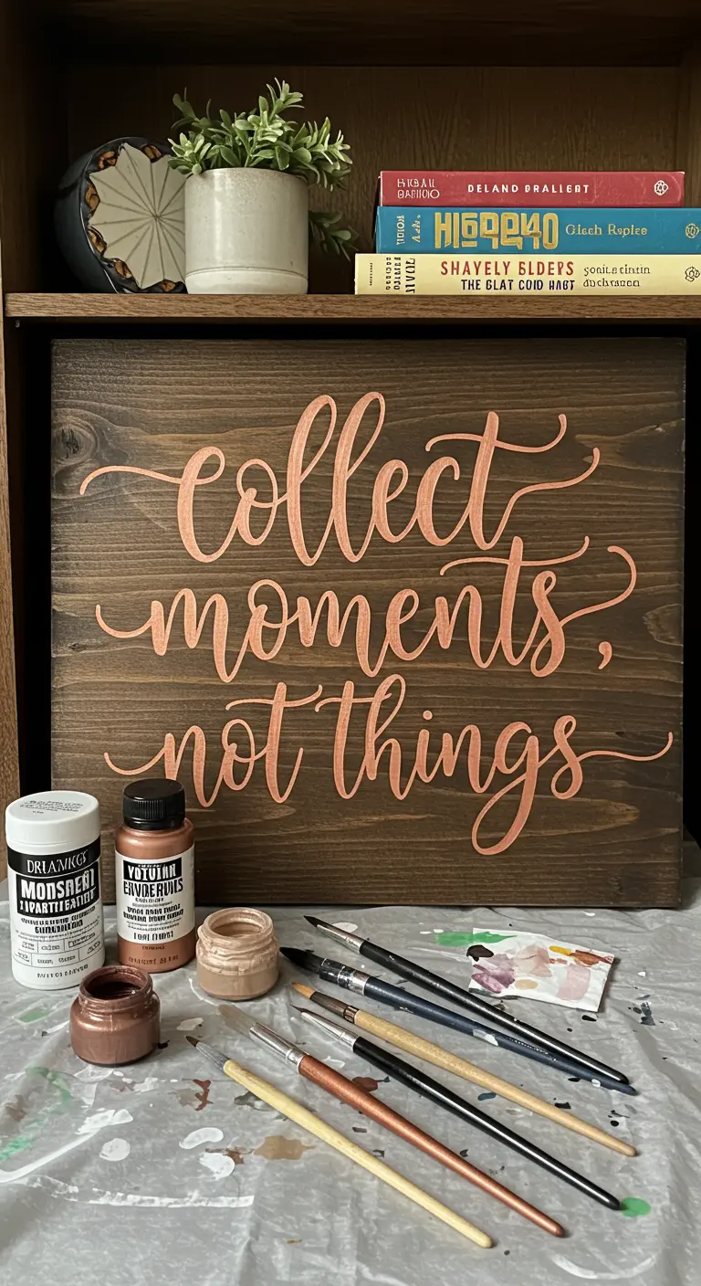 Letrero de madera oscura con la frase 'Collect moments, not things' en caligrafía color cobre.
