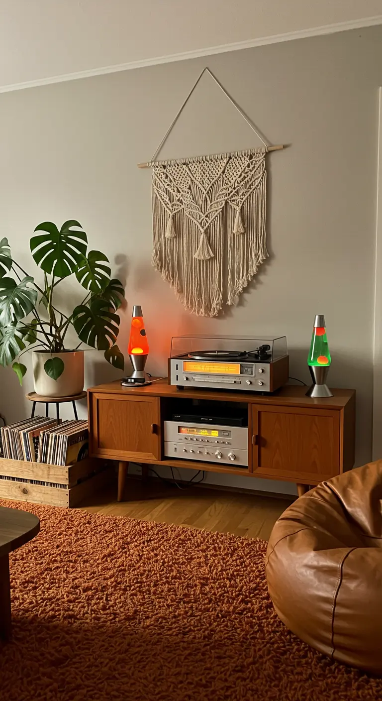 Rincón de música con mueble de madera, tocadiscos, lámparas de lava y macramé en la pared.