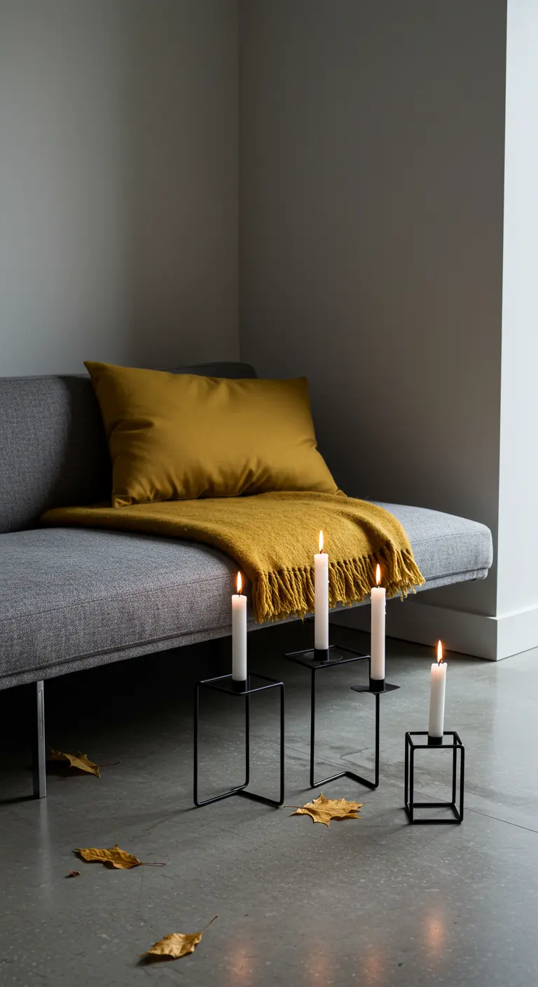 Sofá gris con un cojín y manta ocre, y candelabros modernos en el suelo.