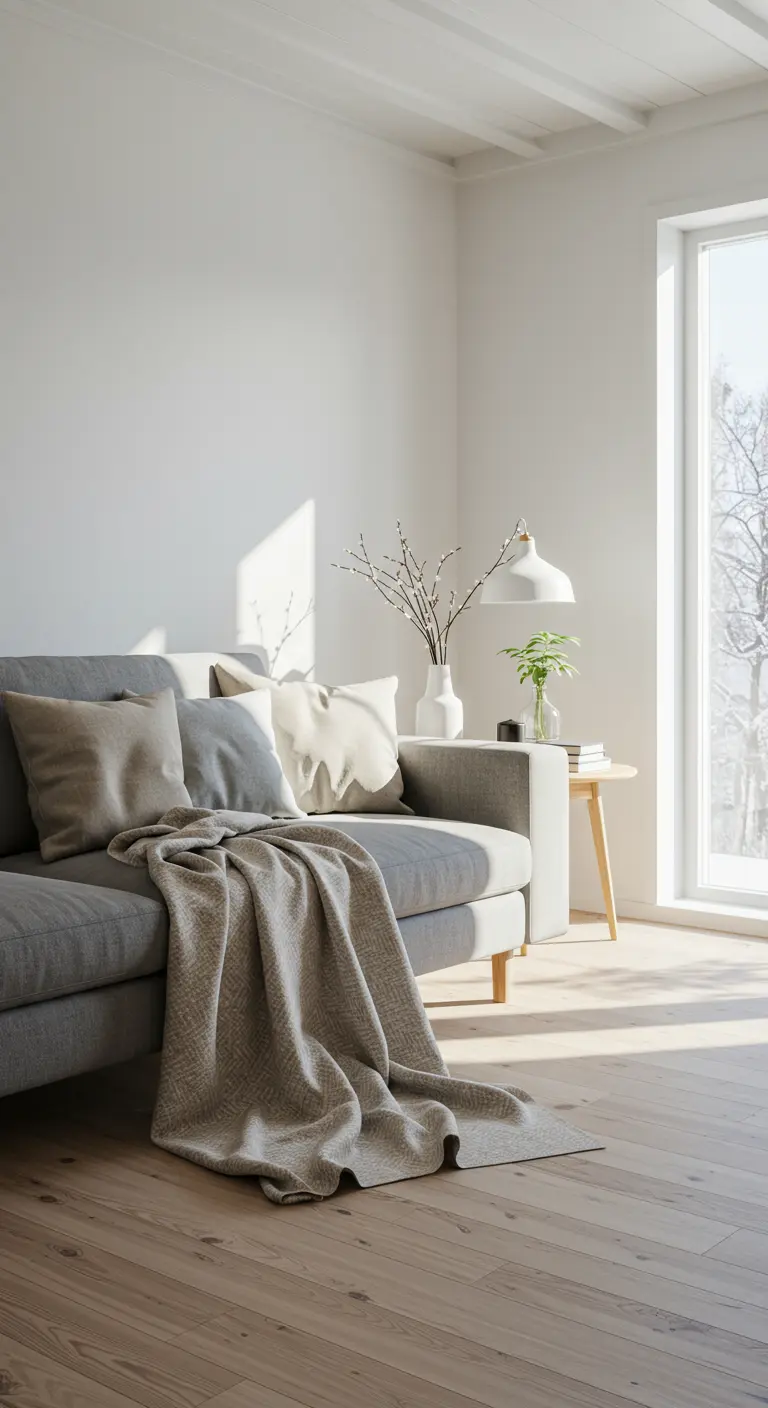 Sofá gris minimalista con una manta beige y luz natural entrando por la ventana.