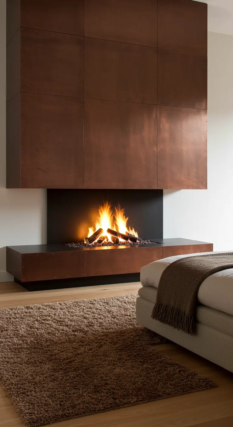 Impresionante chimenea revestida con paneles de cobre en un dormitorio moderno.