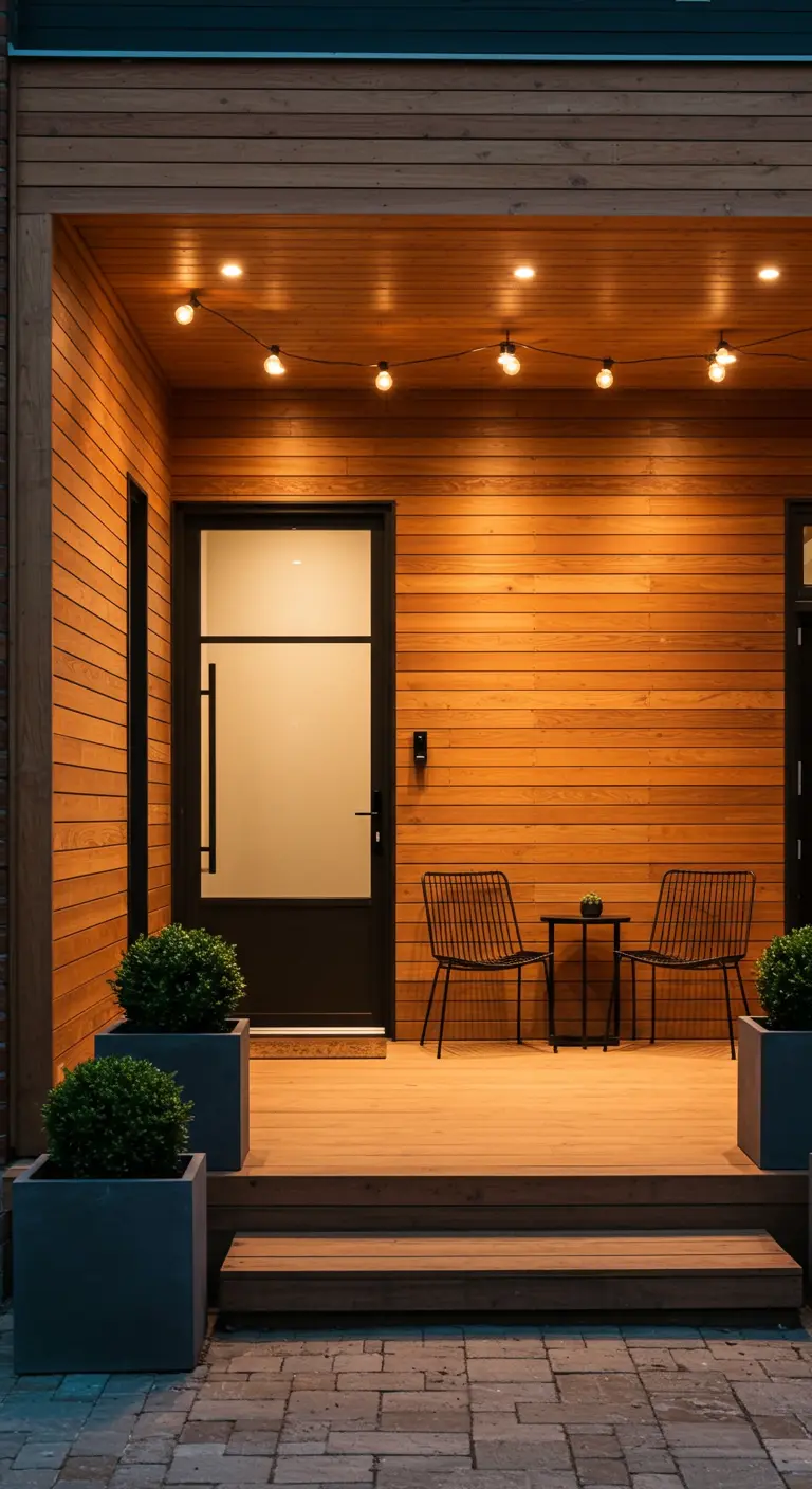 Porche de madera con guirnaldas de luces, sillas de metal negro y pequeñas macetas con bojs.