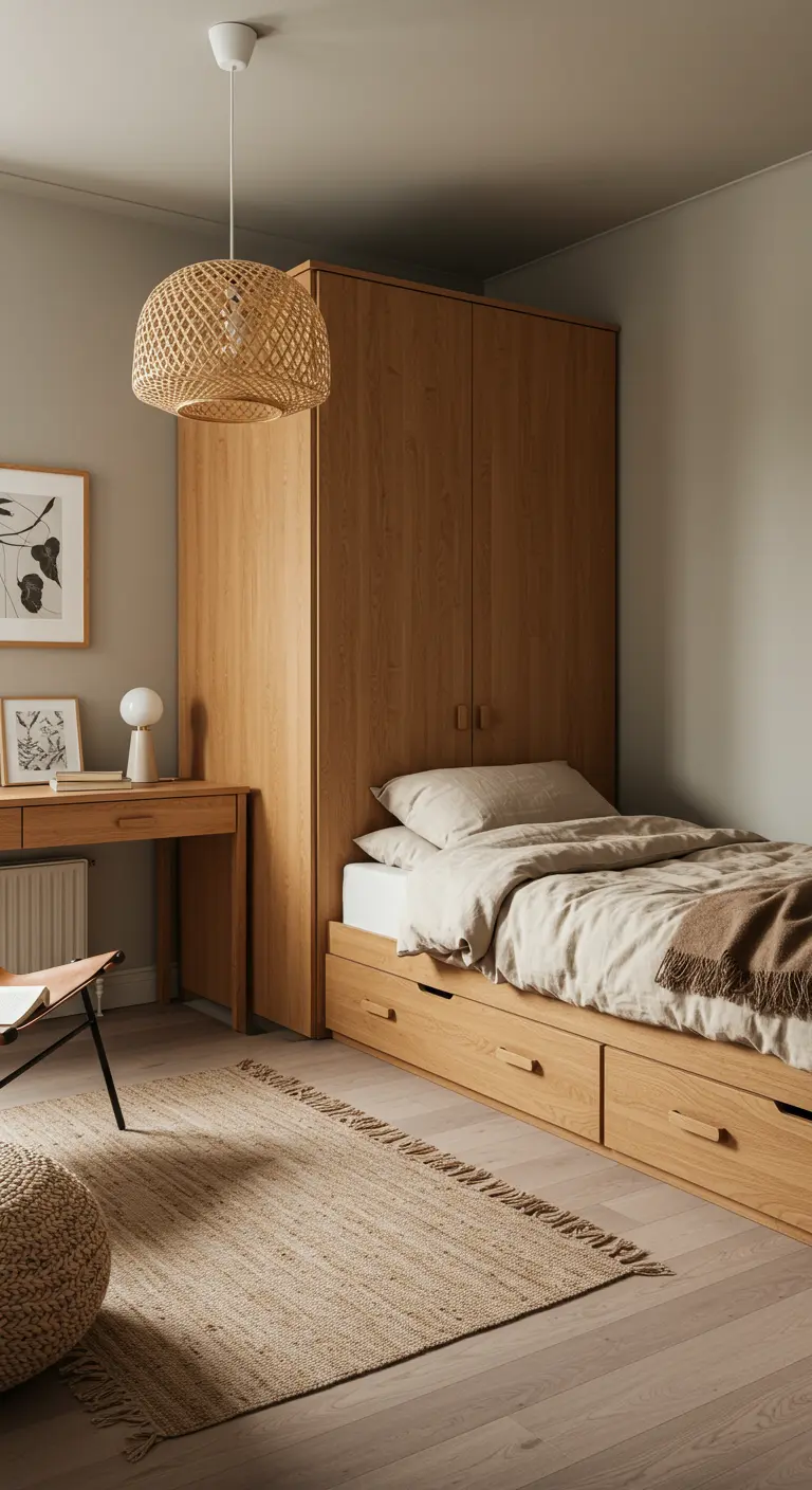 Habitación con cama con cajones de madera, lámpara de ratán y alfombra de yute.