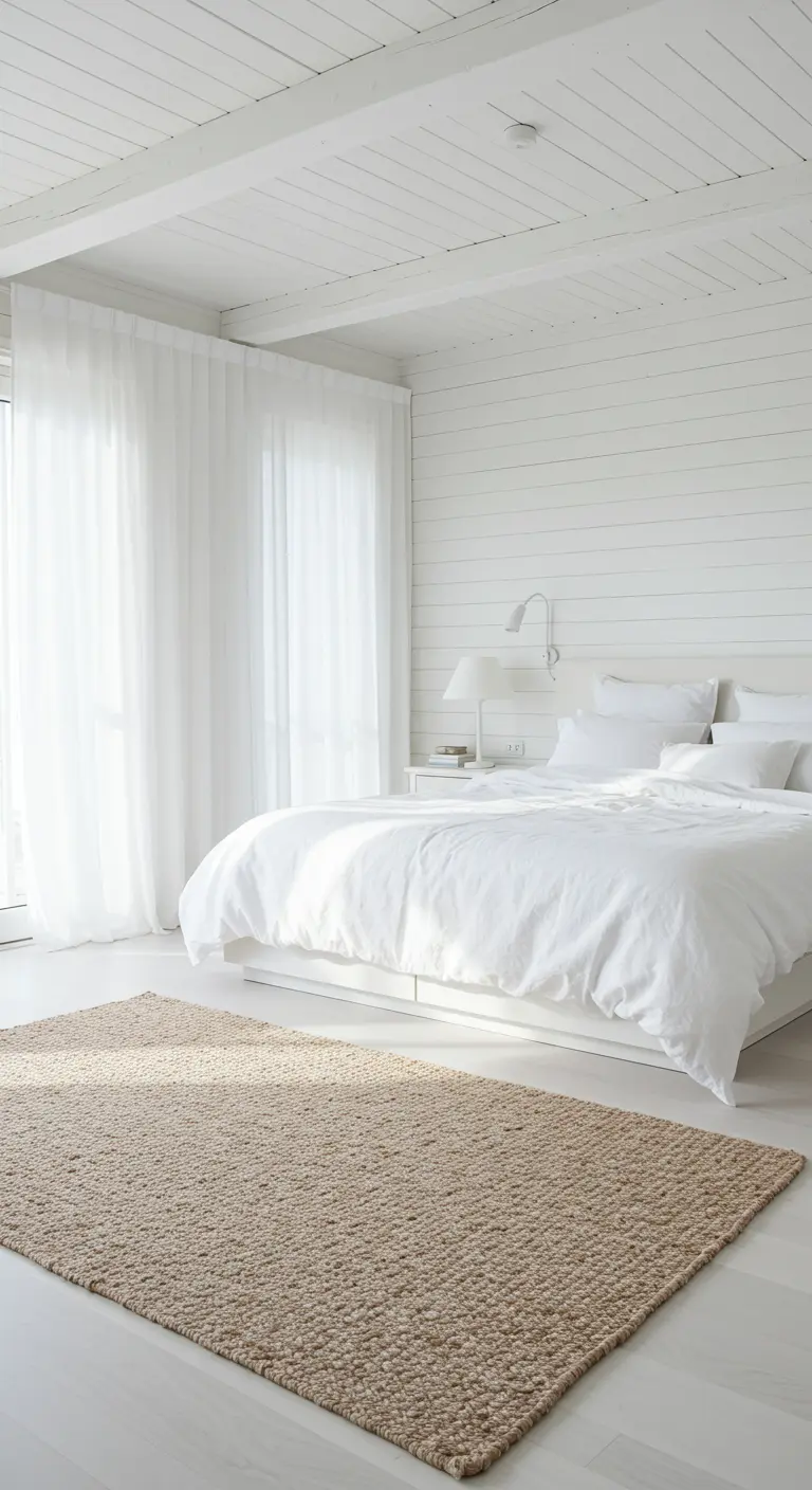 Habitación blanca con techo de vigas, cortinas vaporosas y una gran alfombra de yute en el suelo.