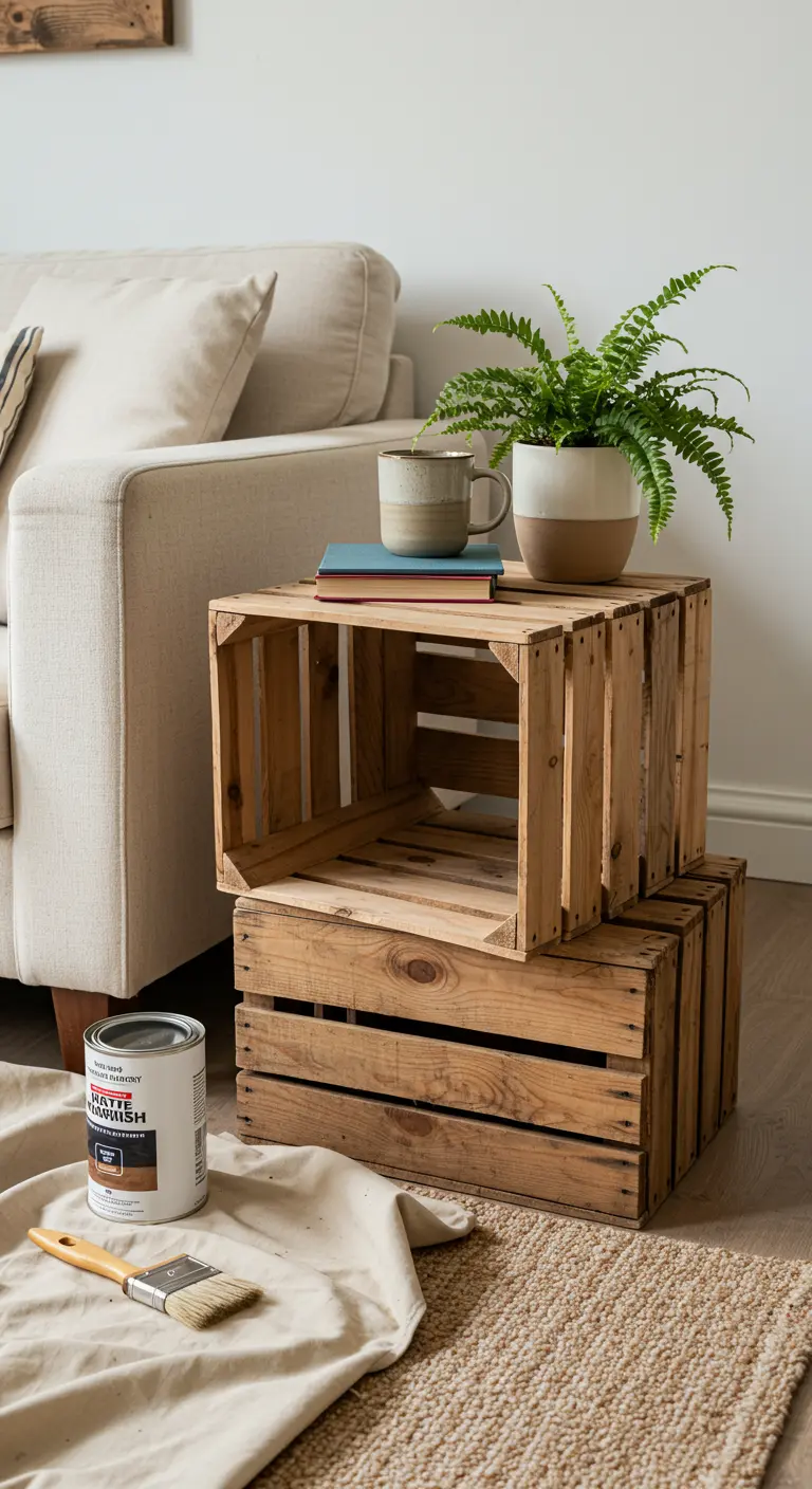 Mesa auxiliar DIY con dos cajas de madera natural apiladas junto a un sofá beige.