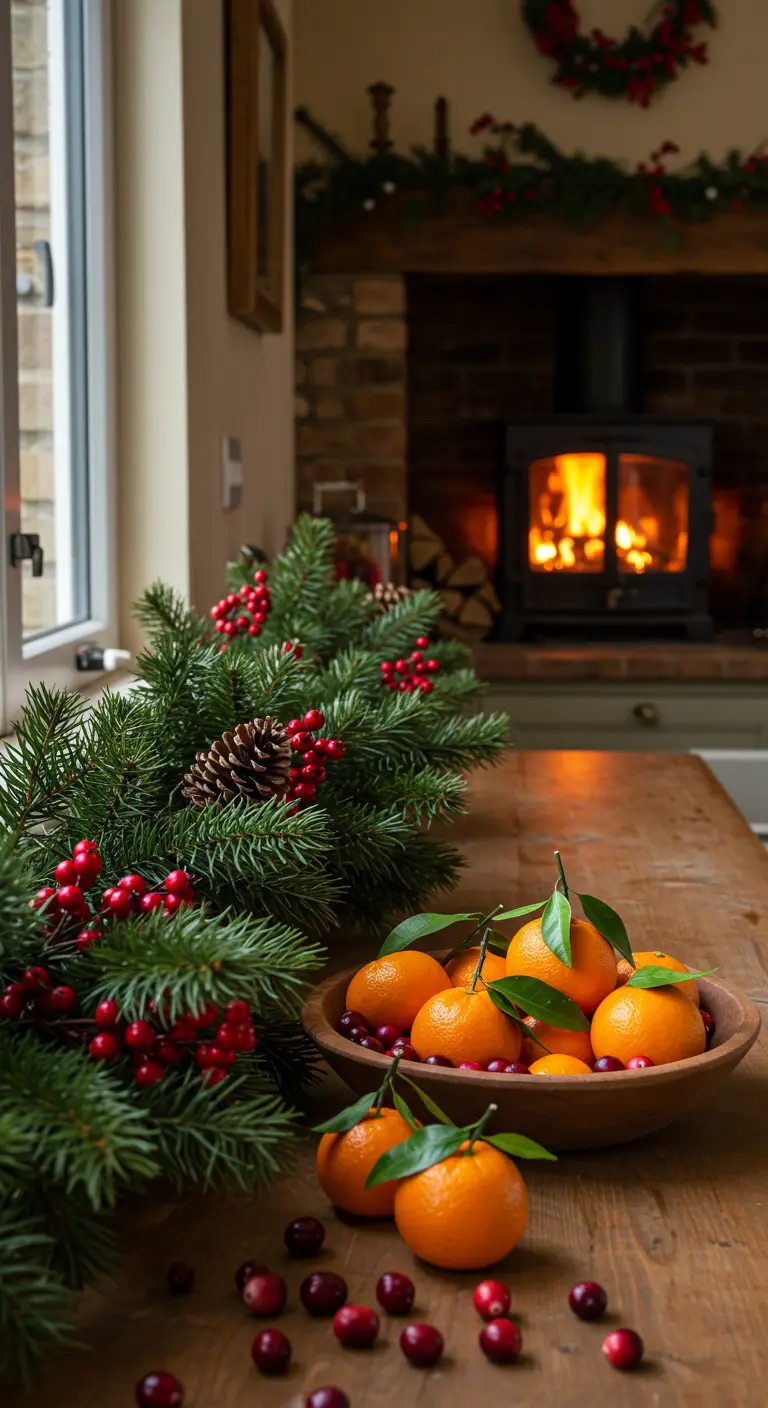 Mesa de madera con ramas de pino, bayas rojas y un cuenco de mandarinas.