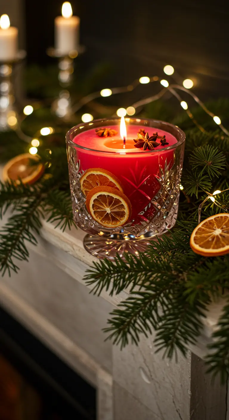 Vela roja de Navidad en copa de cristal, decorada con naranjas secas y anís