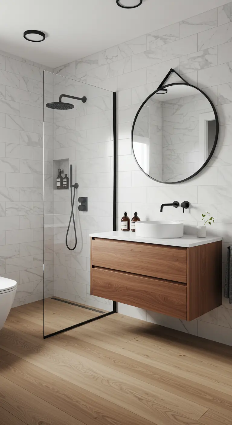 Baño de estilo nórdico con mueble de madera flotante, paredes de mármol blanco y detalles en negro mate