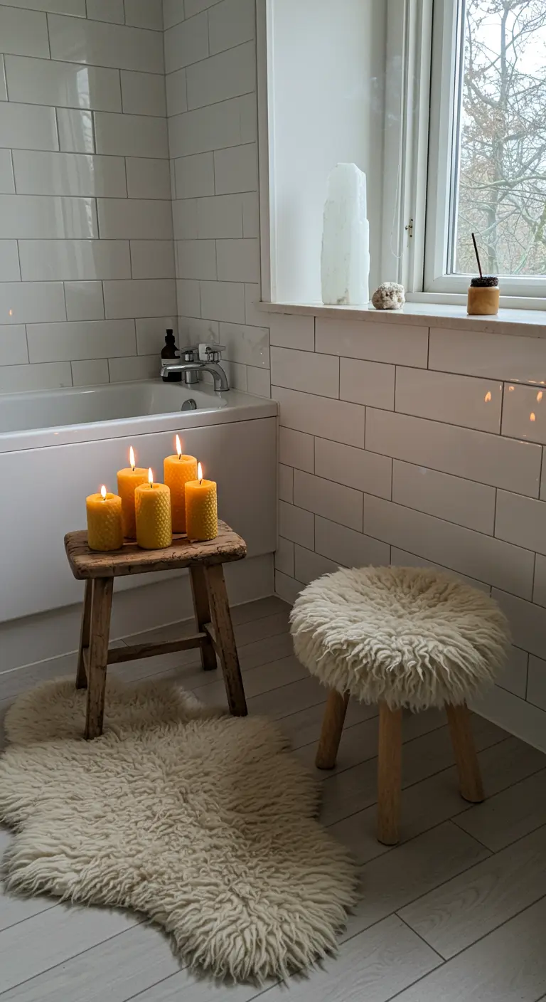 Baño blanco con velas de cera de abeja sobre un taburete y una alfombra de piel de oveja.