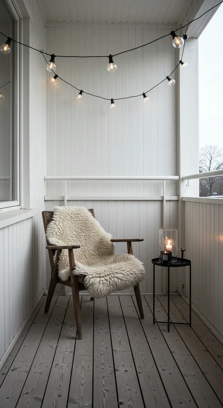 Balcón minimalista blanco con silla de madera cubierta por una piel de oveja y luces colgando.