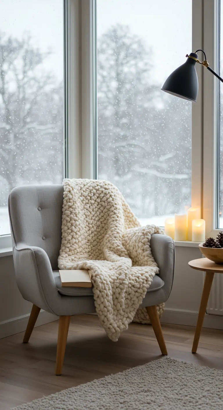 Sillón gris claro con una manta de punto grueso color crema, junto a una ventana nevada.