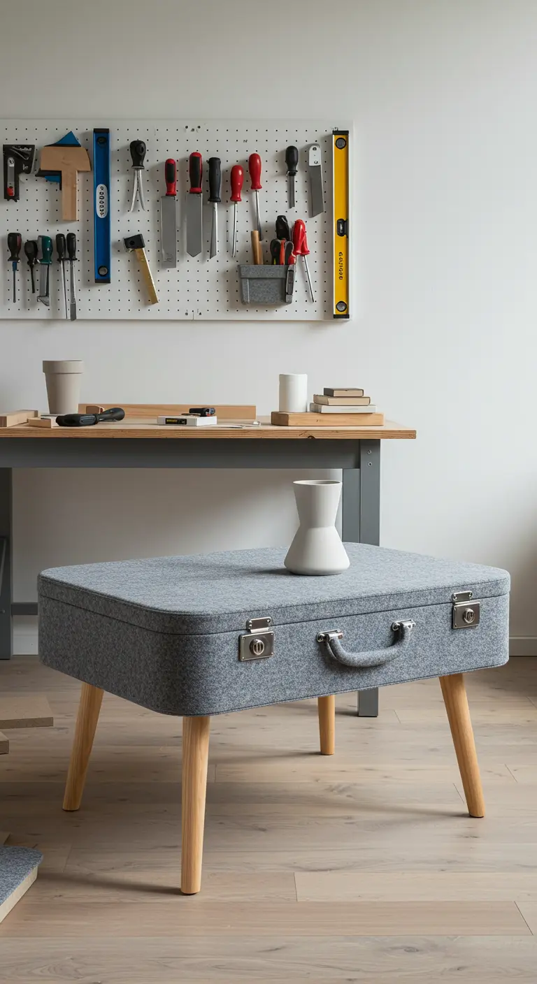 Maleta cuadrada forrada de fieltro gris con patas de madera clara en un taller ordenado.