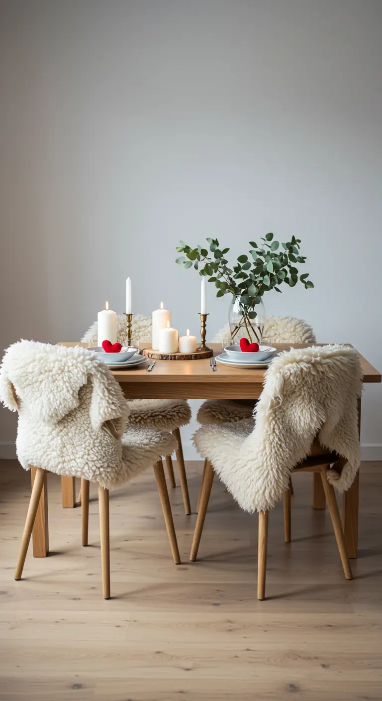 Comedor de estilo escandinavo con sillas cubiertas de piel de oveja y velas blancas.