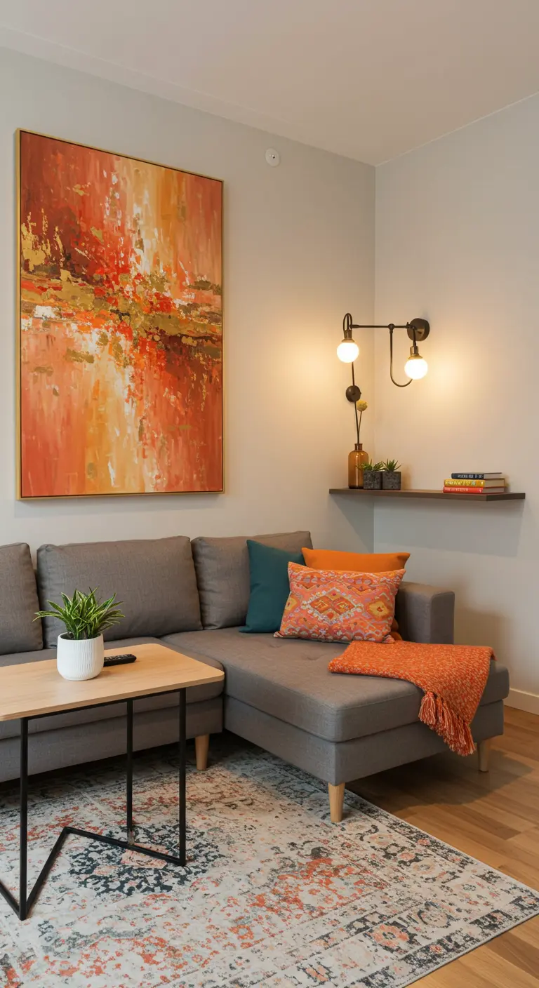 Rincón de sala con sofá gris, cojines naranjas y un cuadro abstracto en tonos cálidos.