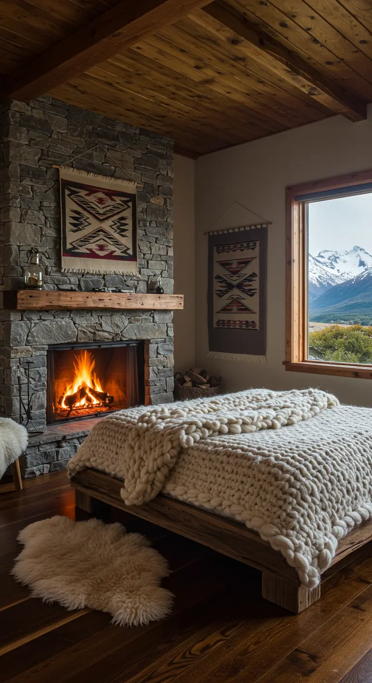 Acogedor dormitorio con chimenea de piedra, manta de punto grueso y vistas a montañas nevadas.