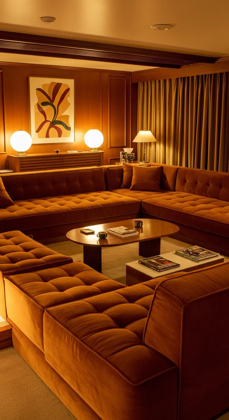 Gran sofá modular de terciopelo marrón en una sala de estar con paneles de madera e iluminación cálida.