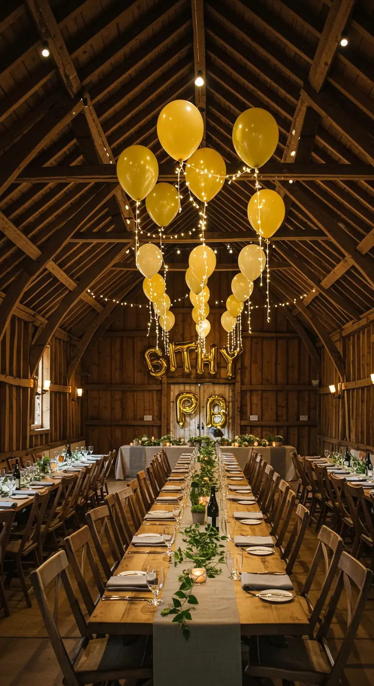Salón rústico tipo granero con globos amarillos y luces de hadas sobre mesas largas.