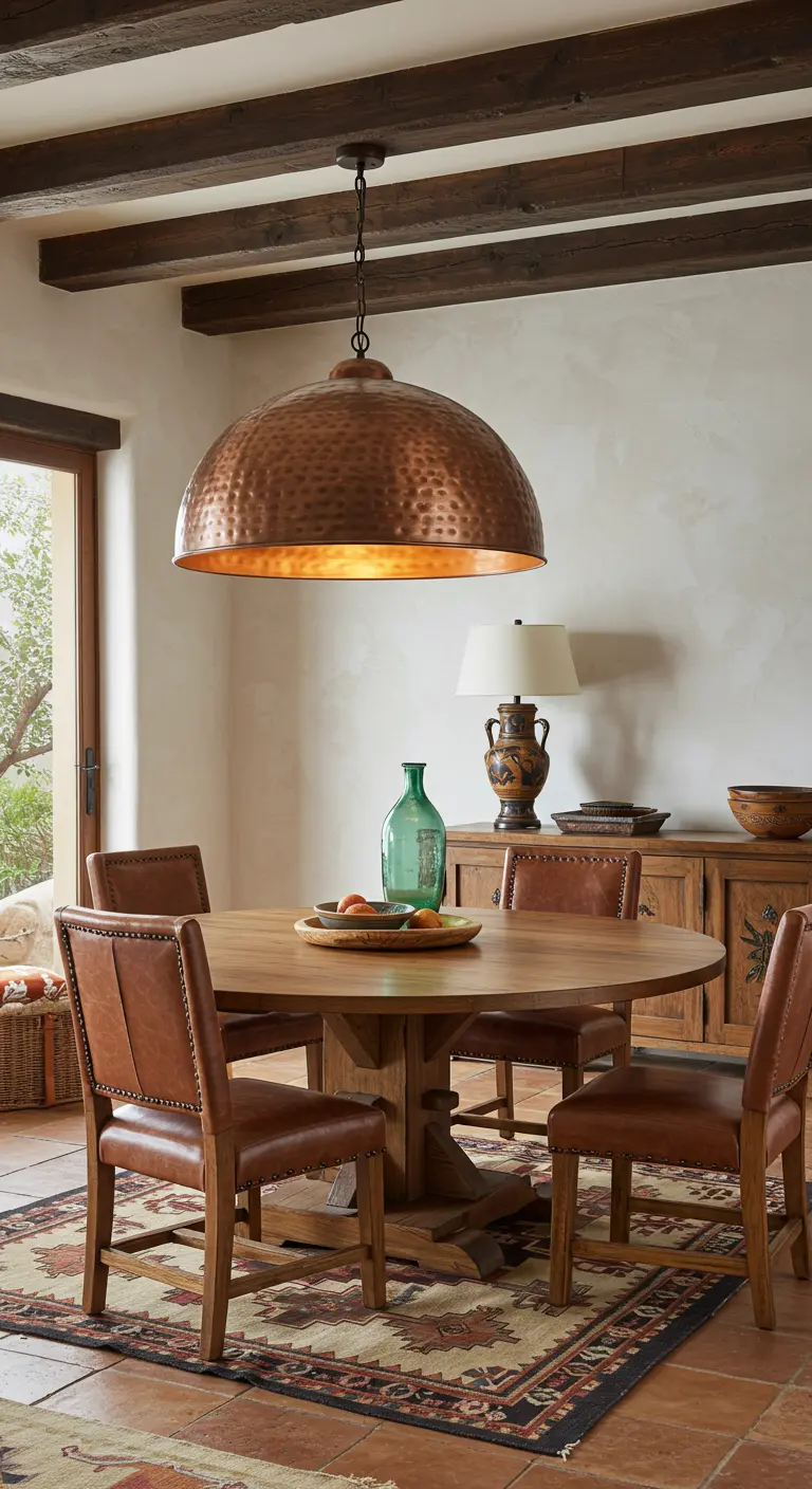 Comedor rústico con mesa de madera, sillas de cuero y lámpara de cobre martillado.