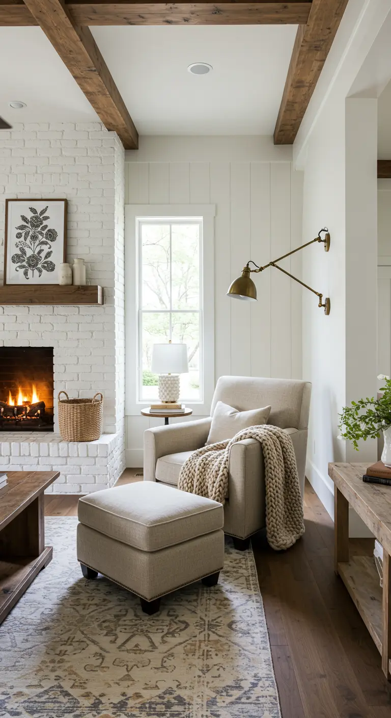 Rincón de lectura junto a una chimenea de ladrillo blanco con un sillón beige y manta de punto.