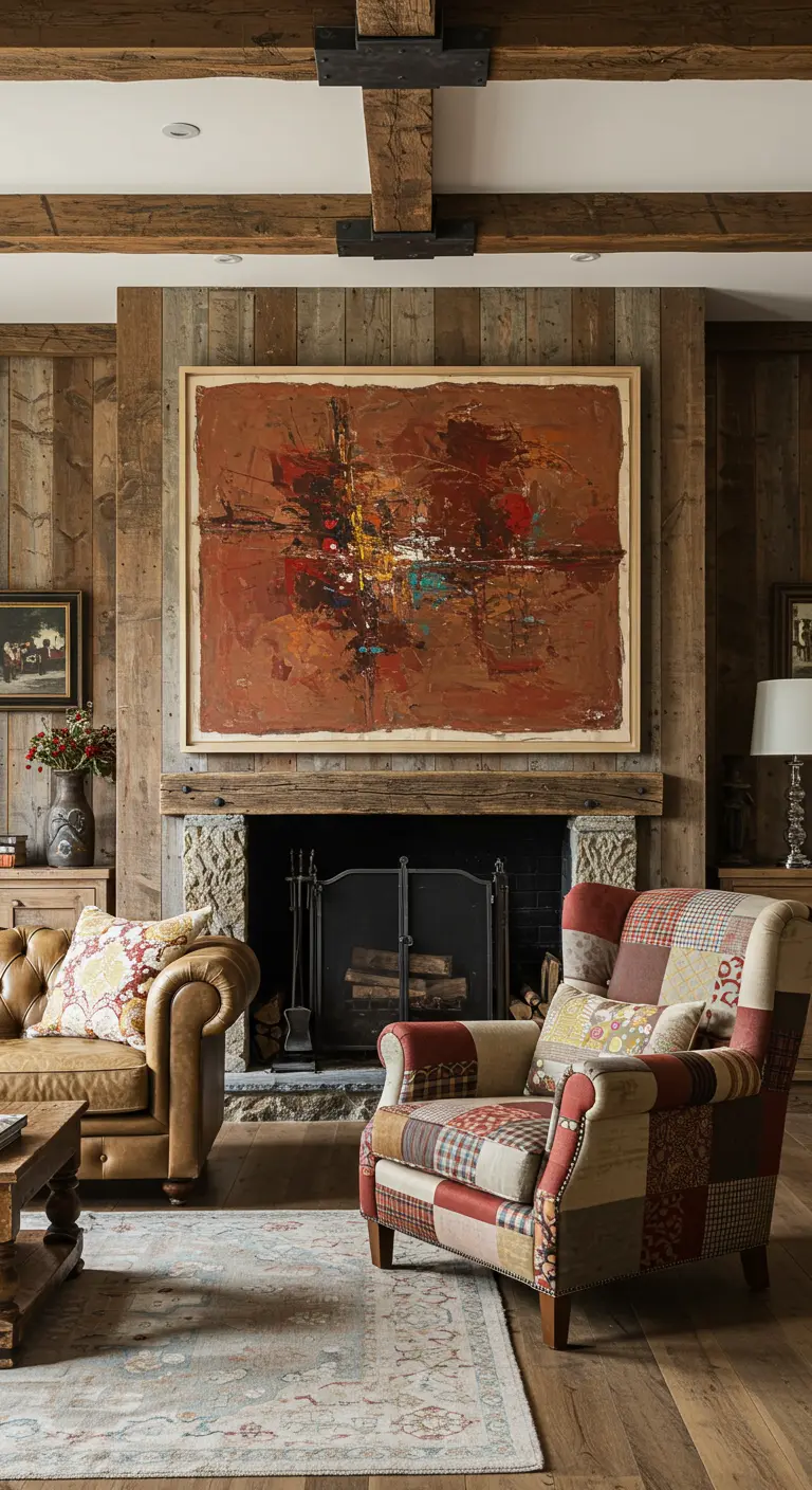 Salón rústico con paredes de madera y un gran cuadro abstracto en tonos tierra.