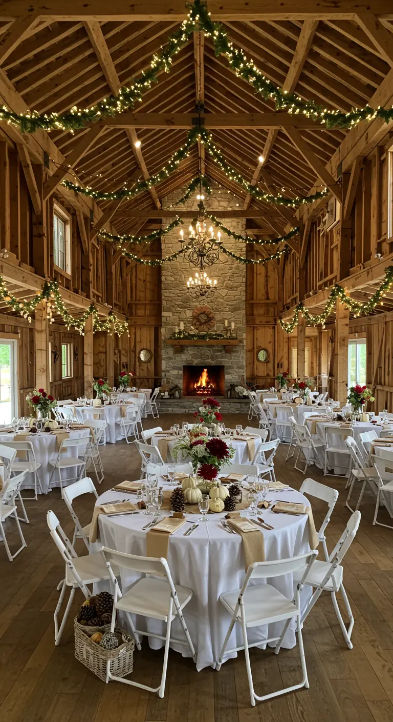 Recepción de boda en un granero rústico con mesas redondas y chimenea.