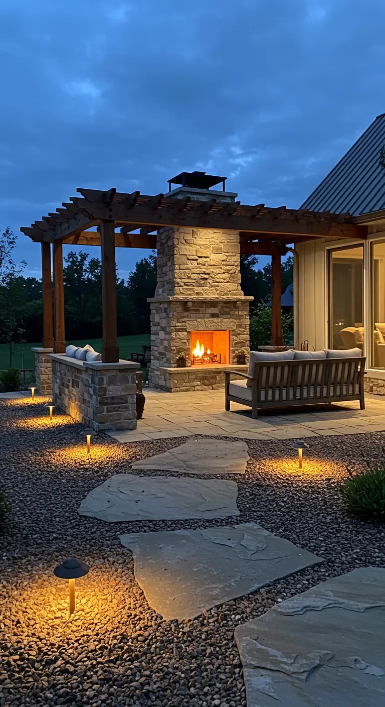 Patio rústico con chimenea de piedra y pérgola, iluminado con pequeñas lámparas de estaca.